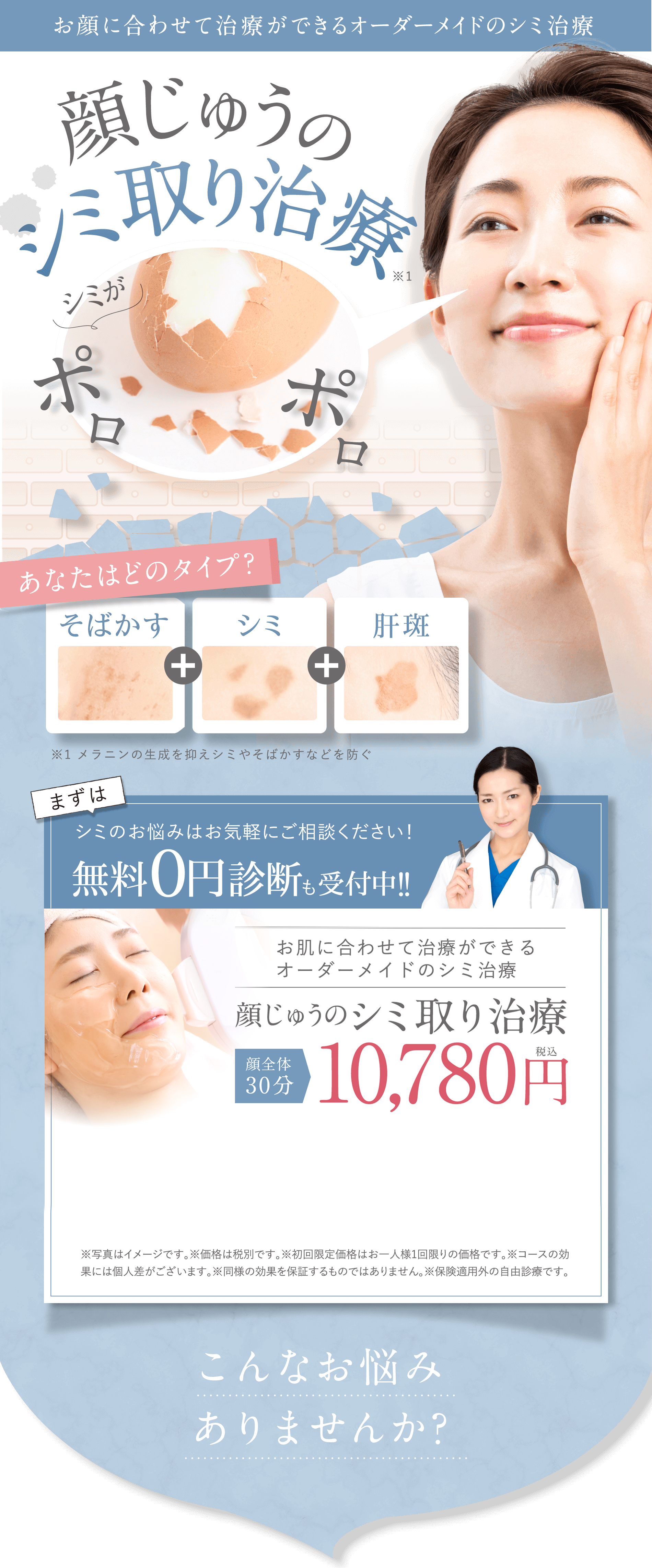 お顔に合わせて治療ができるオーダーメイドのシミ治療あなたはどのタイプ？※1 メラニンの生成を抑えシミやそばかすなどを防ぐシミのお悩みはお気軽にご相談ください！